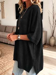 Women's Spring Autumn Elegant Casual Cute Sexy Middle Eastern Style Solid Color Round Neck Bohemian Casual Hem Split Asymmetrical Loose Soft Warm Poncho Cape Knit Pullover Sweater Top - Black - View 4