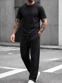 New Black 3D Herringbone Wheat Jacquard Round Neck Short Sleeve T-Shirt & Drawstring Straight Leg Pants Men's Minimalist Relaxed Casual 2-Piece Set - Black - View 5