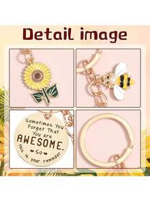 Sunflower Keychain Women's Inspirational Gift - Inspirational Key Ring Friendship Keychain Gift, Yellow Sunflower Bee Keychain - Gold - View 4