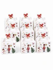 2/5/8/10/12PCS Portable Paper Gift Boxes, Vintage Nutcracker And Christmas Tree Pattern, Colorful Stripes, Rectangular Gift Box With Handle And Red Bow Hollow Top, Suitable For Gift Packaging, Christmas Party And Holiday Party Supplies - Nutcracker - View 3