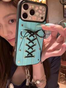 Black Frame Green Background Leather Texture Bow Ribbon Phone Case Compatible With Apple 17 Pro Max, 16 Pro, Original Minimalist 15, Ins Style Korean Japanese 14, Elegant Niche Luxury Anti-Drop Protective Shell 18 - Mint Green - View 3