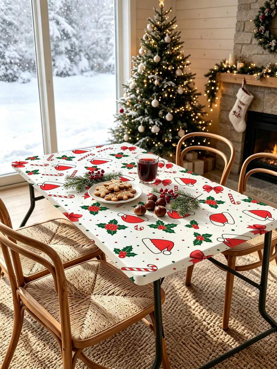 1pc Christmas Element Elastic Band Elastic Edge, Rectangular Design, Anti-Slip Elastic, Waterproof, Oil-Proof, Scratch-Resistant, Suitable For Dining Table, Folding Table, Kitchen, Party, Picnic, Camping And Home Decor. - Multicolor - View 1