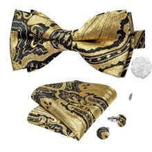 4Pcs Men Gold Paisley Jacquard Bow Tie Pocket Square Cufflinks Boutonniere Set For Wedding Business Party - Gold - View 2