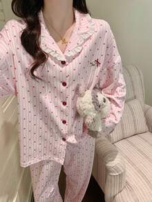2pcs Women's Pajama Set, Open Front Lapel Polka Dot Print Lace Patchwork Long Sleeve Pants, Comfortable For Home Wear - Pink - View 4
