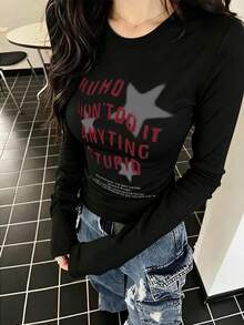 女款圓領長袖T恤，春/秋新款星星與字母印花，美式時尚風格，時尚休閒修身短版上衣 - 黑色 - 查看 1