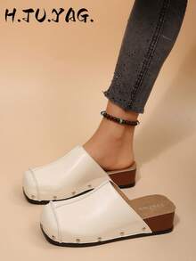 Women's New Autumn/Winter Flat French Retro Versatile Slip-On Shoes, Soft Sole With Thermal Lining, Square Toe Commuter Casual Beach Slides - Beige - View 1