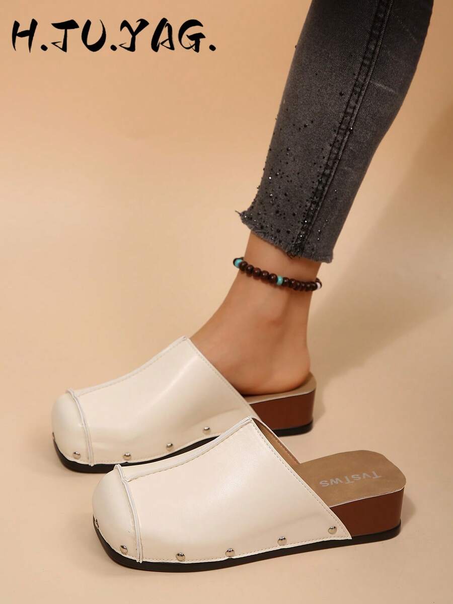 Women's New Autumn/Winter Flat French Retro Versatile Slip-On Shoes, Soft Sole With Thermal Lining, Square Toe Commuter Casual Beach Slides - Beige - View 1