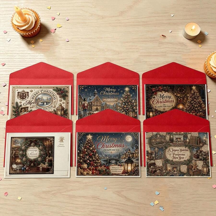 Cartes de vœux de Noël, design de village enneigé des fêtes, 6 cartes et 6 enveloppes, ensemble de 12 pièces, convient pour les amis et la famille, célébration de Noël, échange de cadeaux, transmission de joie et de vœux chaleureux