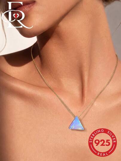 EleRunis 925 Sterling Silver Dainty Genuine Moonstone Triangular Crystal Pendant Necklace June Birthstone Crystal Jewelry For Daily Wear Mother Birthday