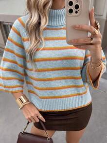 Women's Casual Autumn/Winter Solid Grey High Neck Batwing Sleeve Knit Top, Waist-Cinching Textured Design, Daily Commute Office Pullover - Multicolor - View 7