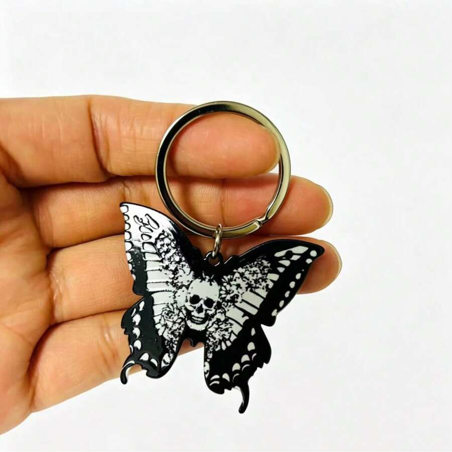 Gothic Skull Butterfly Keychain, Punk Style Fashion Bag Charm/Car Accessory Gift, Halloween Gift, Butterfly Street Acrylic Keychain, All Year Round - Black - View 1