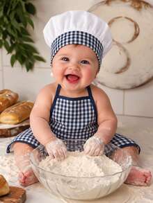 2pcs Newborn Photography Props, Includes Apron And Chef Hat, Kitchen Cooking Theme Photo Props For Baby Boys And Girls, Plaid Pattern Chef Outfit, Milestone Commemoration, Baby Party Gift - Multicolor - View 1