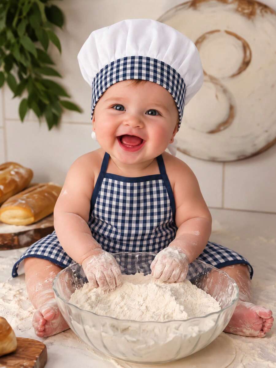 2pcs Newborn Photography Props, Includes Apron And Chef Hat, Kitchen Cooking Theme Photo Props For Baby Boys And Girls, Plaid Pattern Chef Outfit, Milestone Commemoration, Baby Party Gift - Multicolor - View 1