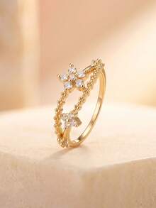 Gift Box Elegant Floral Cubic Zirconia Ring Sweet Fashion Jewelry Non-Fading Hypoallergenic Suitable For Women's Daily Wear Or Holiday Gift - Gold - View 3