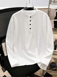 Men's Plus Size Top, Knit Ribbed Solid Color Casual Plus Size T-Shirt, Solid Color Versatile Plus Size Men's Clothing - White - View 2