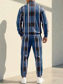Men's 2 Pieces Sports Set - Plaid Print Half-Zip Stand Collar Long Sleeve Sweatshirt With Drawstring Casual Pants - Multicolor - View 2
