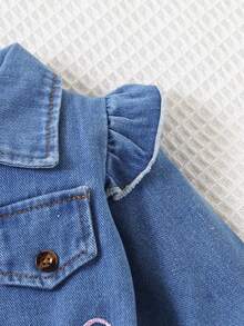 Baby Girl Denim Romper With Turn Collar, Ruffle Hem, Pink Bow Embroidery, Cuffed Long Sleeves, Autumn Fashion Infant Outdoor Crawler - Medium Wash - View 4