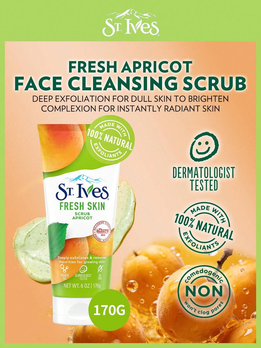 [170g] St. Ives Apricot Scrub | Formula Lembut, Melembapkan Kulit | Merek Scrub No. 1, SPA Lembut untuk Tubuh dan Wajah | Bebas Minyak, Teruji oleh Dermatolog | 100% Partikel Scrub Alami, Mengelupas Kulit Kasar dengan Lembut - Aprikot - View 1