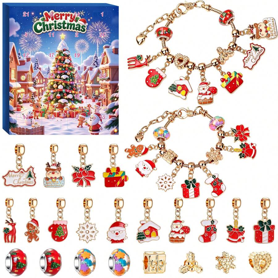 Gold Christmas Theme Large Hole Beaded Santa Claus Reindeer Snowflake Pendant Christmas Countdown Calendar Bracelet Gift Box - Blue - View 1
