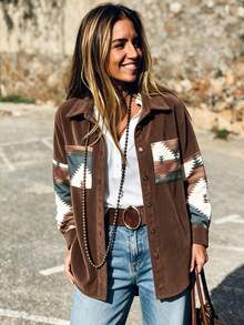 Women's Western Style Brown Corduroy Shacket, Print Patch Pocket Long Sleeve Jacket Suitable For Road Trips - Multicolor - View 7