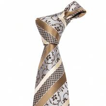 Silver Gray Brown Gold Diagonal Striped Floral Men's Tie 4pcs Set Business Formal Handkerchief Cufflinks Golden Tie Clip Wedding Matching - Camel - View 3