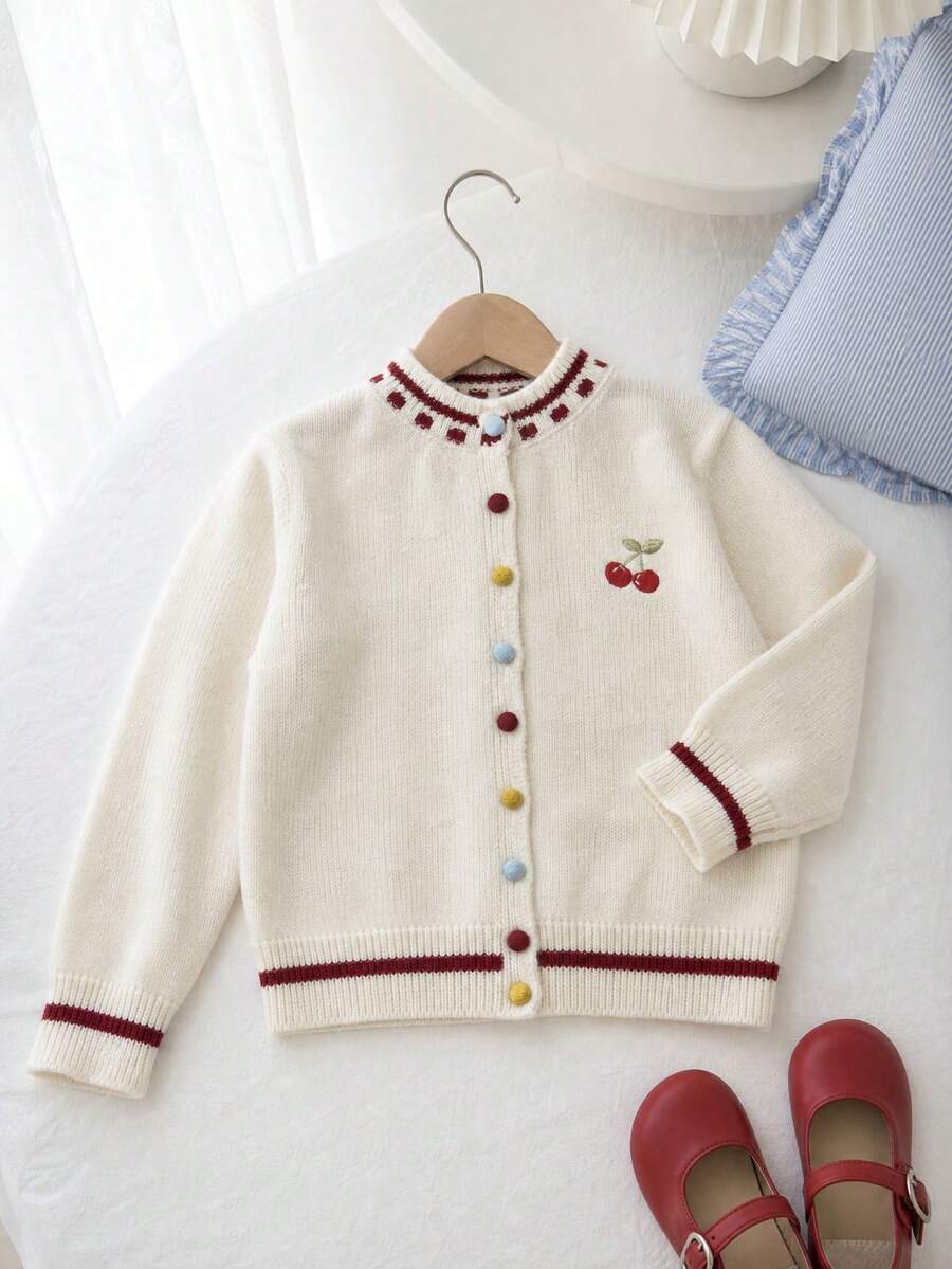 Girls Cherry Embroidered Knit Cardigan, Cute Preppy Button Front Sweater, Round Neck Long Sleeve, Colorful Buttons, Back To School Autumn Outfit - Multicolor - View 1