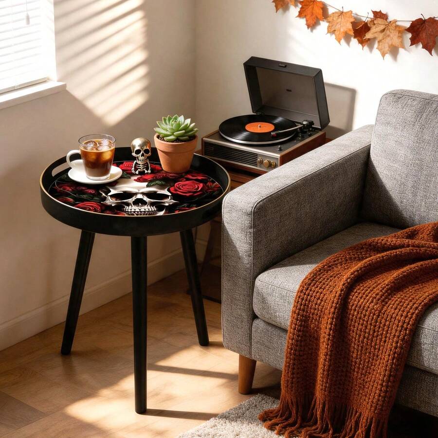 Halloween Gothic Round Side Table, Skull & Red Rose Print Tray‑Top End Table, Fall Spooky Home Decor, Portable Accent Coffee Table With Handle For Party Living Room Bedroom,Removable - Black - View 1