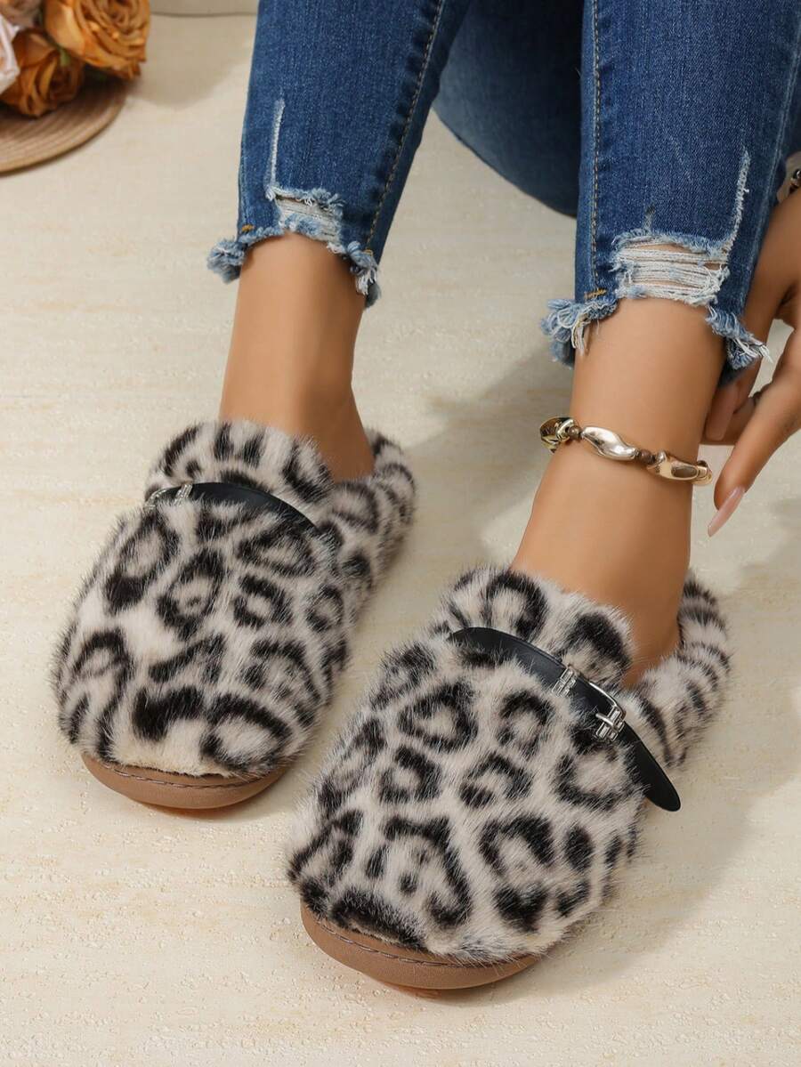 Women's Leopard Print Faux Fur Mule Slippers, Closed Toe Flat Slippers With Metal Buckle, Outdoor Cotton Slippers - Beige - View 1