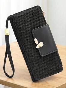 Women's Vintage Straw Woven Texture PU Long Wallet, Multi-Functional Large Capacity Card Holder With Exquisite Metal Flower Logo, Casual Wristlet Bag Suitable For Various Occasions - Black - View 2