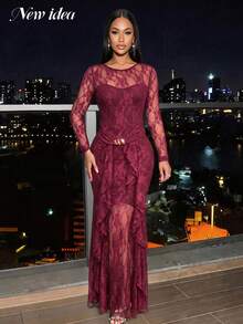 New Idea Women Long Dresses Burgundy Luxurious Lace Mermaid Gown, Long Sleeve Sheer Ruffled Hem Bodycon Dress For Cocktail Dinner - Burgundy - View 3