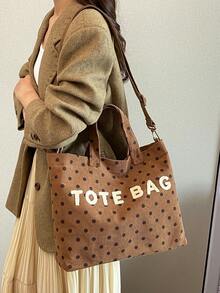 New Women's Tote Bag, Ribbed Material, Polka Dot Pattern, Detachable Shoulder Strap, Multiple Carrying Ways (Shoulder, Crossbody, Handheld), Large Capacity Interior With Two Pockets - Brown - View 6