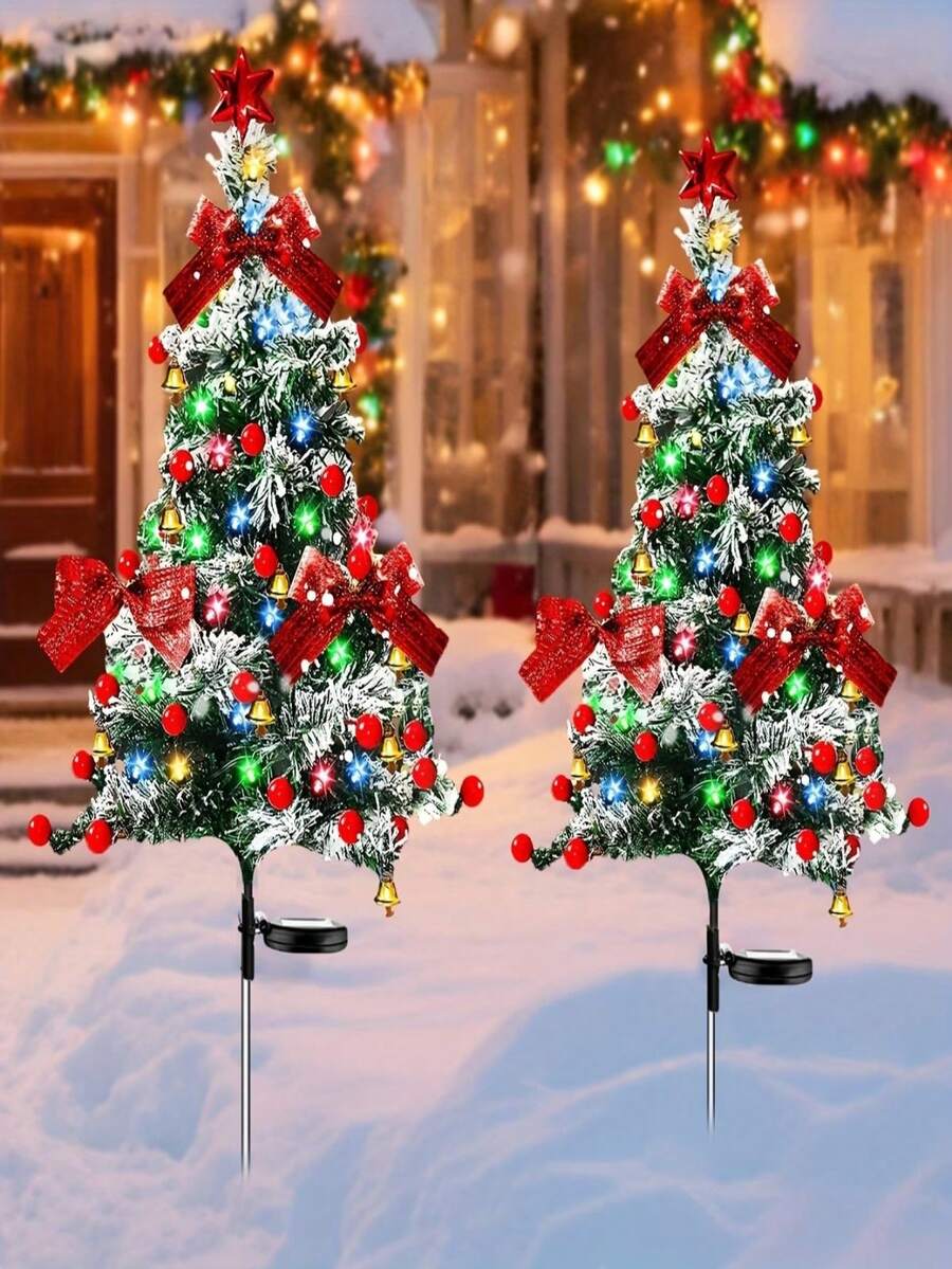 2pcs Ribbon Christmas Tree Lights, LED Cedar Garden Stake Lights, Featuring Red Ribbons, Berries, Bells, And Stars, Suitable For Christmas Decorations, Home Decor, Party Decorations, Yard Decorations, Garden Decorations, And Lawn Decorations. - Star-shaped Christmas Tree Lights - View 1