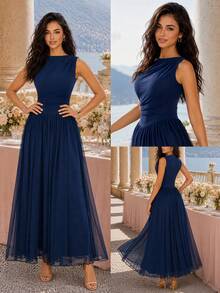 MIUSOL Half Neck Sleeveless Ruched Mesh Formal Party Long Dress,Autumn Dress,Evening Dress,For Wedding Guest,Graduation,Dinner - Navy Blue - View 4