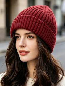 1pc Satin Lining Autumn/Winter Striped Ribbed Warm Knitted Hat, Satin Hair Protection Cold-Proof Woolen Beanie - Ribbed Knit - View 6