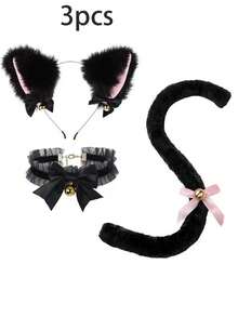 5PCS/Women Cat Ear & Tail Costume Set, Suitable For Cosplay, Adjustable Headband & Tail, Fluffy Cat Accessories, Applicable For Theme Parties, Halloween Various Role Play Costume Props. - Black - View 7