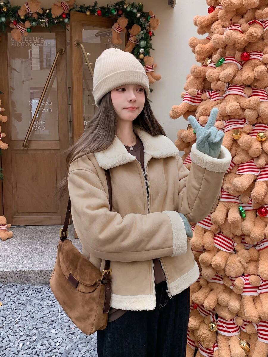 韓式翻領羊羔毛夾克女款 秋冬拉鍊保暖羊羔毛外套 - 卡其色 - 查看 1