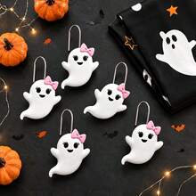 12pcs Halloween Shower Curtain Hooks, Stainless Steel Rust-Proof Resin Hand-Painted Cute Girl Bow Ghost Decorative Shower Curtain Rings, Halloween Home Decor Bathroom Accessories - 12pcs White - View 5