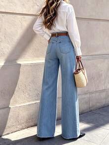 Vintage Light Blue Washed Wide Leg Denim Jeans, Mid-Waist Stretch Frayed Hem, Butt-Lifting Versatile Casual Women's Pants - Light Wash - View 4