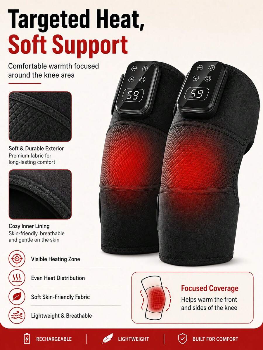 1pc/2pcs New USB Wireless Heating Knee Heating Therapy Device, Knee Joint Self-Heating Therapy Massager, Electric Heating Knee Massager, Shoulder And Elbow Massager, LCD Temperature Control Hot Compress Knee Massager
