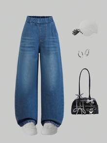 Girls' Casual Jeans, Spring/Autumn 2025 New Heart Embroidery Pocket Loose Straight Leg Pants, Versatile Wide Leg Trousers For Students - Blue - View 2