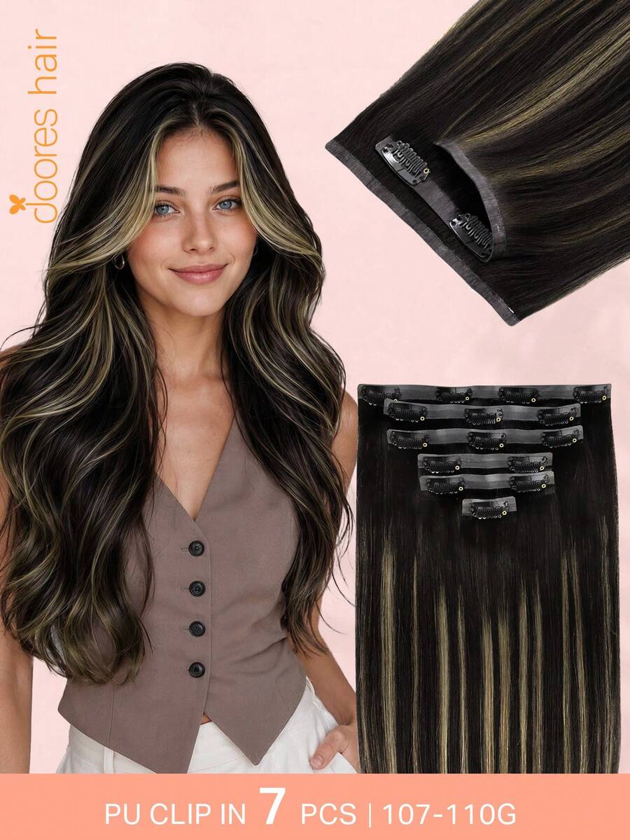 DOORES PU Clip In Human Hair Extensions, 7PCS 107-110g,100% Real Remy Human Hair, Seamless Invisible, Natural Black To Light Brown, Comfortable Natural Blend For Daily Wear - S1B/19/1B - View 1