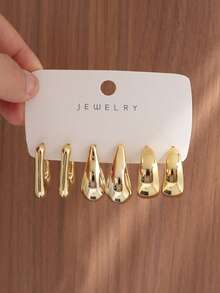 6/18PCS Fashionable Personalized Elegant C-Shaped Twisted Hollow Geometric Texture Multi-Element Gold Metallic Earring Set Suitable For Party, Banquet, Travel, Wedding, Vacation, Daily Wear Jewelry Gift (Lightweight ABS Material, Non-Fading) - Gold - View 8