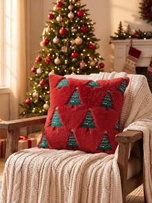 1pc/2pcs Christmas Tree Throw Pillow Covers, Winter Embroidered Christmas Tree Decorative Pillow Cases, Soft Plush Faux Fur Cushion Cover For Xmas Couch Sofa Home Decor - Red - View 4