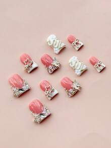 Rhinestone Nail Art, Y2K1 Style Nail Set, Handmade Medium-Long Coffin Shape False Nails, Decorated With Colorful Rhinestones, Bows And Other Exquisite Decorations, Suitable For Women As A Gift, Applicable For Parties Or Daily Wear - Silver - View 2