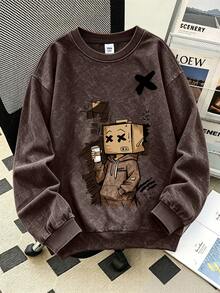 2pcs Set Big Boys Washed Style Crew Neck Sweatshirt And Cargo Pants Outfit, Cartoon Block Man Print Crew Neck Sweatshirt And Cargo Pants Matching Set, Suitable For Autumn/Winter Daily Wear - Multicolor - View 5
