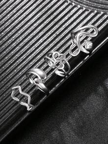 4pcs Silver Stainless Steel Snake Rings Men's Accessories Halloween Decor Gothic Style Ring Set Suitable For Friends, Boyfriend, Sports, Daily Wear - Silver - View 1