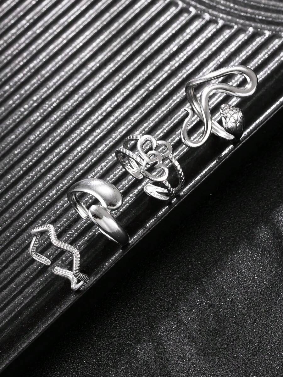 4pcs Silver Stainless Steel Snake Rings Men's Accessories Halloween Decor Gothic Style Ring Set Suitable For Friends, Boyfriend, Sports, Daily Wear - Silver - View 1
