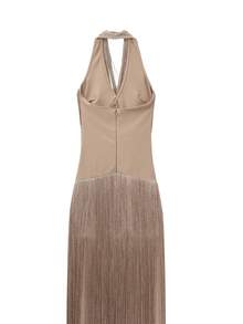 Modphy New Fashion Heavy Embellished Tassel Halter Neck Fitted Maxi Dress, Suitable For Elegant Ladies Fashion Party, Wedding Evening Gown - Apricot - View 11