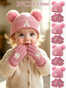 3pcs Baby Letter Pom Pom Knitted Hat And Gloves Set, Baby Girl Winter Warm & Cold-Proof Set, Suitable For Autumn/Winter Outdoor Fashion Matching, Perfect As A Gift - Pink - View 1