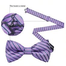 4Pcs Men Purple Striped Jacquard Bow Tie Pocket Square Cufflinks Boutonniere Set For Wedding Business Party - Purple - View 4